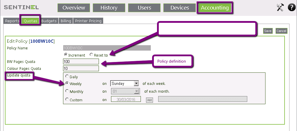 Quota Policies Printer