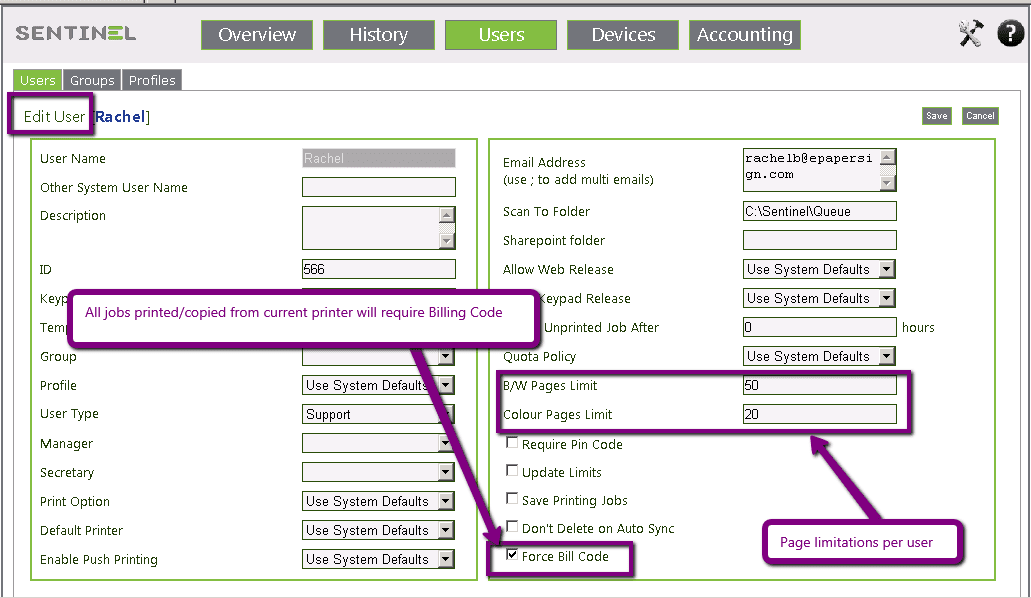 User Billing Quotas Printer