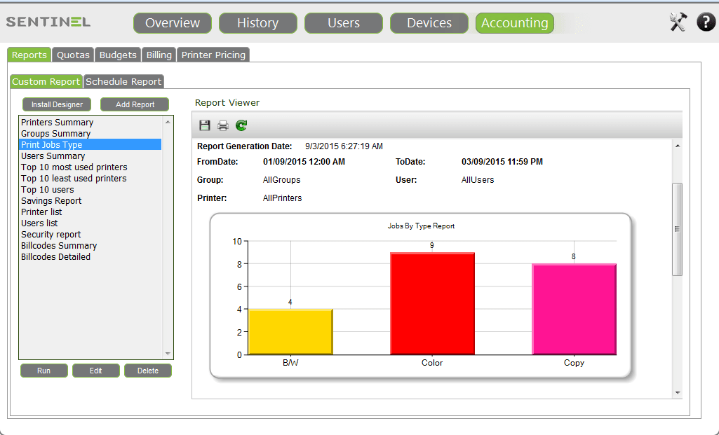 Sample Print Job Type Report